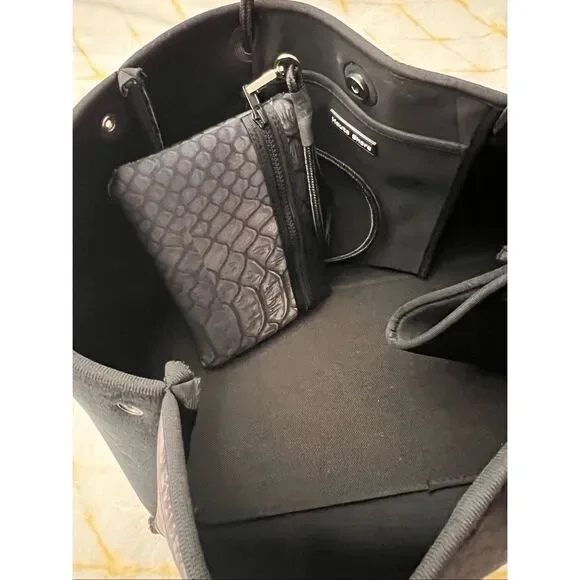 Never Used:  Haute Shore Blk neoprene tote/bag, python print, removable wristlet - Picture 10 of 10